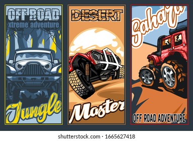 A set of three full-color banners on SUV s theme in the desert and jungle.