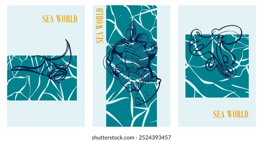 A set of three fully editable posters on the theme of summer vacation by the sea.On a colored background, a linear illustration-sketch in the style of an urban sketch with text.Digital illustration 