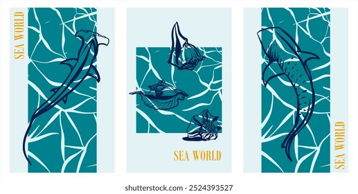 A set of three fully editable posters on the theme of summer vacation by the sea.On a colored background, a linear illustration-sketch in the style of an urban sketch with text.Digital illustration 