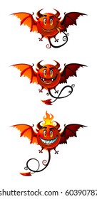 Set of three fun monsters ? red demons with wings and small horns, long tails and laughing smiles. Red and orange colors, single objects on white background, vector.