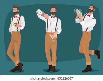 Conjunto de tres entretenidos y bigotudos camareros hipster con tirantes y corbata de arco, sacude el contenido en el agitador, saca la bebida de la botella, ofrece cóctel. Ilustración del vector