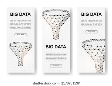 Set of three Funnel polygonal vertical banners. 3d Data filter low poly symbols with connected dots. Vertical illustration for homepage design.