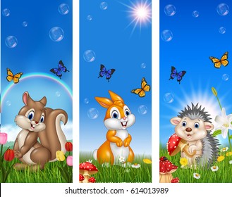 Set of three funny animal with nature background