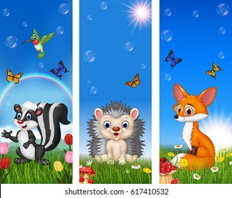 Set of three funny animal with nature background