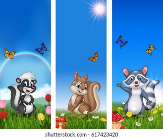 Set of three funny animal with nature background