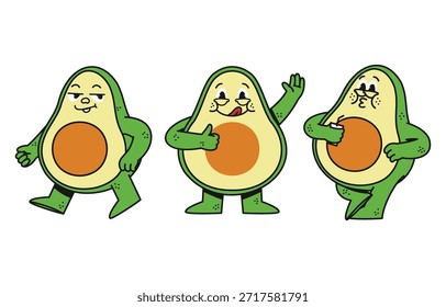 Set von drei lustigen Avocado-Maskottchen in verschiedenen Posen, mit einer großen Grube und einem freundlichen Lächeln. Perfekt für gesunde Ernährung und vegane Etiketten