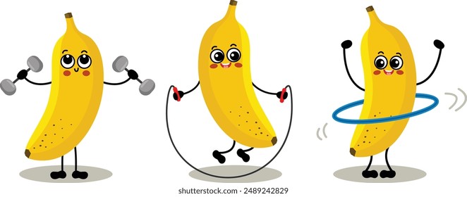 Set of three funny bananas character mascot make gym