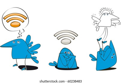 set of three funny bluebirds with WEB symbol