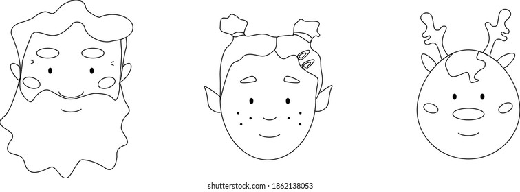 Tres graciosas caras de dibujos animados incluyen santa, elfo y ciervo. Se puede usar para tarjetas, diseño de ropa. También como página de colorear.