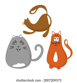 A set of three funny cats. Vector illustration in a flat style.