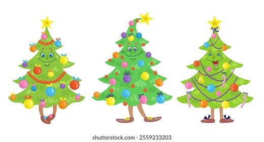 Set of three funny Christmas trees decorated for the holiday. In cartoon style. Isolated on white background. Vector flat illustration.