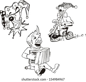 Set of three funny clowns. Black and white vector illustrations.