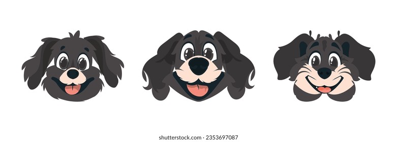 A set of three funny dog faces. Cartoon style, vector illustration