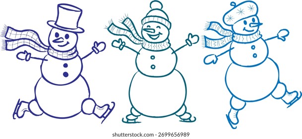 conjunto de três engraçados mão desenhada esboço ícones de bonecos de neve em chapéus cachecol e patins isolados no fundo branco Natal Natal férias saudação cartão elementos
