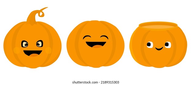 Set of three funny pumpkins on white background. Orange smiling cartoon pumpkin. The main symbol of the Happy Halloween holiday. Vector illustration.