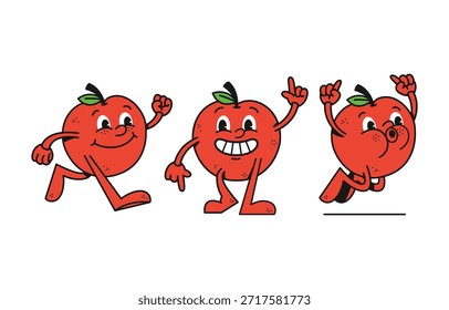 Conjunto de tres divertidas mascotas de manzana roja en diferentes poses dinámicas, corriendo y señalando, con una gran sonrisa. Perfecto para etiquetas de alimentos saludables, proyectos escolares o diseños de dibujos animados antiguos