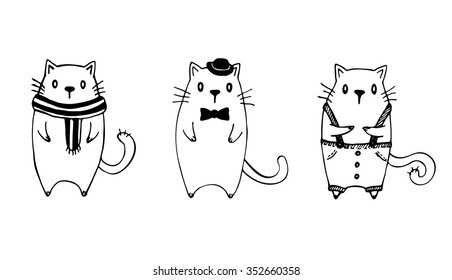 Set of three funny sketch cats. Black on white background.