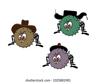 A set of three funny spiders in hats of different styles