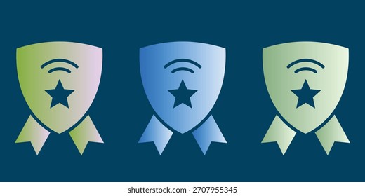 Conjunto de tres iconos de premio de escudo futurista con recorte de estrella y símbolo de señal inalámbrica, en colores degradados suaves, perfecto para insignias de logros digitales, recompensas de juegos y marca tecnológica.