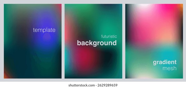 Set of three futuristic vector templates featuring vibrant gradient mesh backgrounds in smooth, colorful blends. Perfect for modern designs, posters, or web graphics.