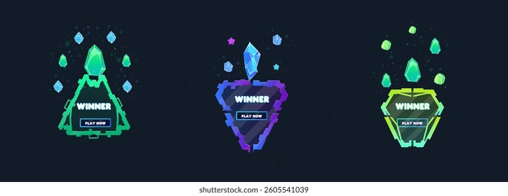 Set Of Three Game UI Pop Up Window Reward Page Winner Crystals Triangle Sci Fi Hud Futuristic Form Green Blue Purple Abstract  Cute Cartoon Vector Design