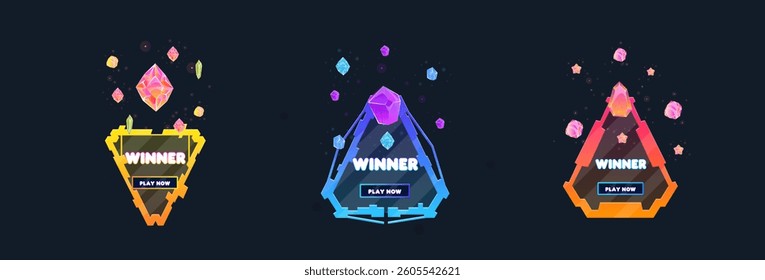 Set Of Three Game UI Pop Up Window Reward Page Winner Magic Crystals Triangle Sci Fi Hud Futuristic Form Blue Orange Abstract Cute Cartoon Vector Design