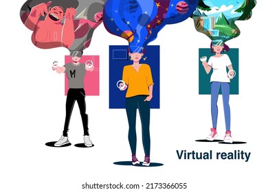 Conjunto de tres caracteres gamer en lentes de realidad virtual. Metaverse. Ilustración vectorial al estilo de las caricaturas aisladas en fondo blanco.
