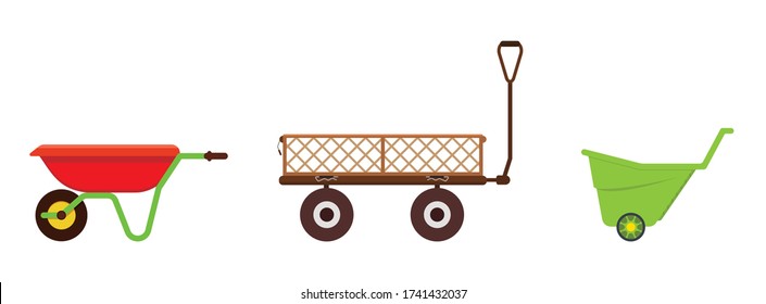 Set of three garden carts. Wagon for supplies, vegetables, gardening equipment, flowers. Manual cargo carrier.