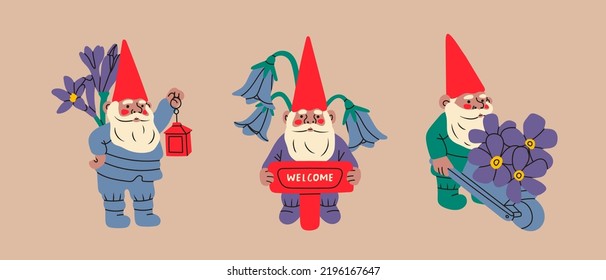 Set of three Garden gnomes. Hand drawn modern Vector isolated illustrations. Poster, card, print, design template. Cute fairy tale characters. Garden elf. Cartoon style