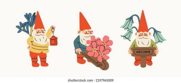 Set of three Garden gnomes. Hand drawn modern Vector isolated illustrations. Poster, card, print, design template. Cute fairy tale characters. Garden elf. Cartoon style