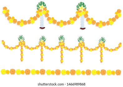 Set of three garlands of marigold flowers isolated on a white background. Vector graphics.