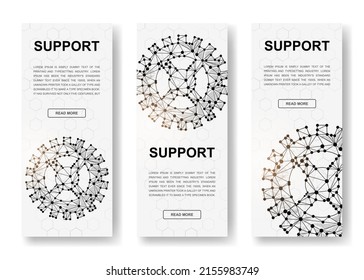 Set of three Gears polygonal vertical banners. 3d Gear wheel low poly symbols with connected dots. Vertical illustration for homepage design.