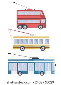 Set with three generation of trolleybuses, retro, old fashioned and modern electric vehicle. Isolated vector illustrations in flat design