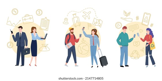 Set with three generations theory flat compositions with characters of men and women from different generation vector illustration