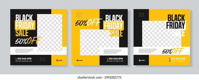 Juego de tres fondo geométrico de banner de venta de viernes negro paquete de medios sociales de plantilla premium vector