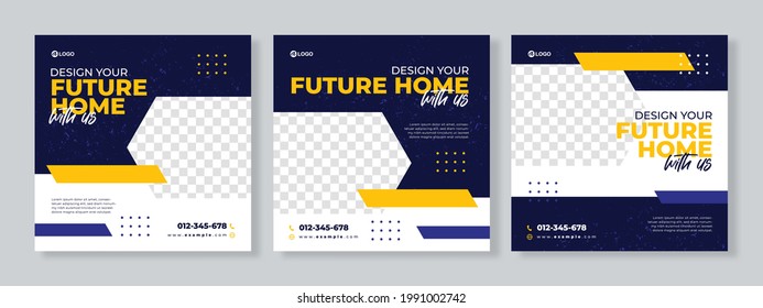 Set of three geometric background of construction agency banner social media pack template premium vector