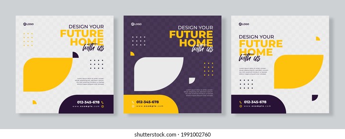 Set of three geometric background of construction agency banner social media pack template premium vector