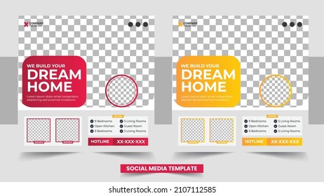 Set of three geometric background of construction agency banner social media post pack template
