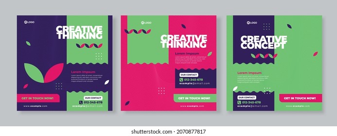 Set of three geometric background of design studio promotion banner social media pack template premium vector