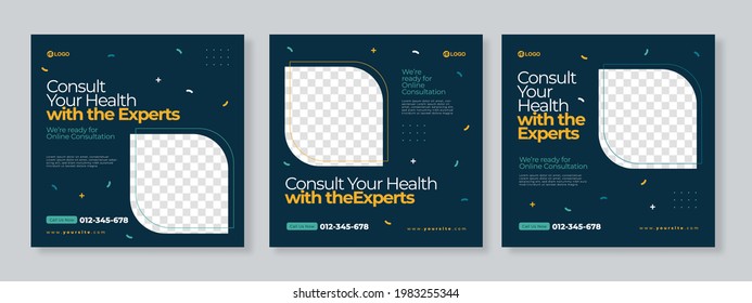 Set of three geometric with background of medical agency social media pack template premium vector