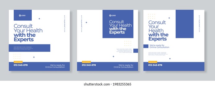 Set of three geometric with background of medical agency social media pack template premium vector