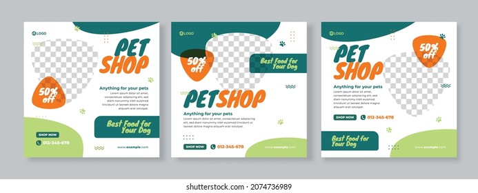 Set of three geometric background of pet care promotion banner social media pack template premium vector