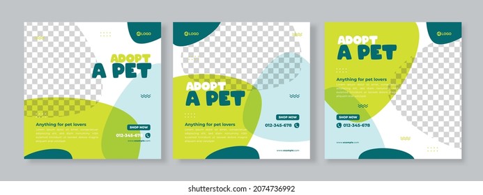 Set of three geometric background of pet care promotion banner social media pack template premium vector