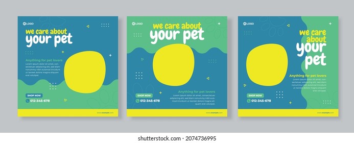 Set of three geometric background of pet care promotion banner social media pack template premium vector