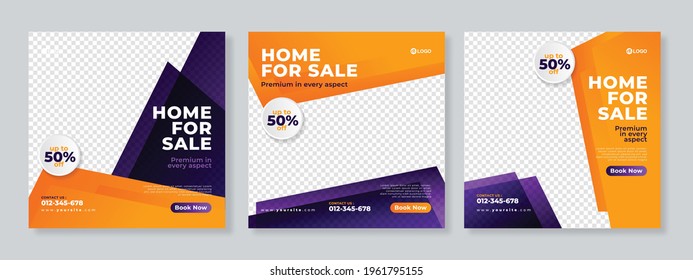 Set of three geometric background of real estate agency social media pack template premium vector