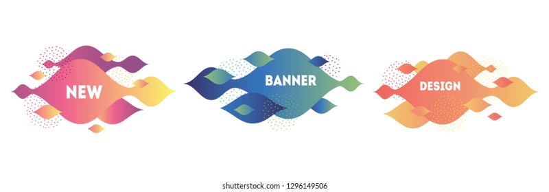 Set of three geometric badges. Trendy gradient banners. Futuristic waves for logo, flyer, presentation or social post.