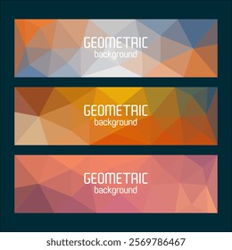 Set of three geometric banners with polygonal gradient designs in orange, blue, and pink tones. Perfect for modern backgrounds, headers, or web elements.

