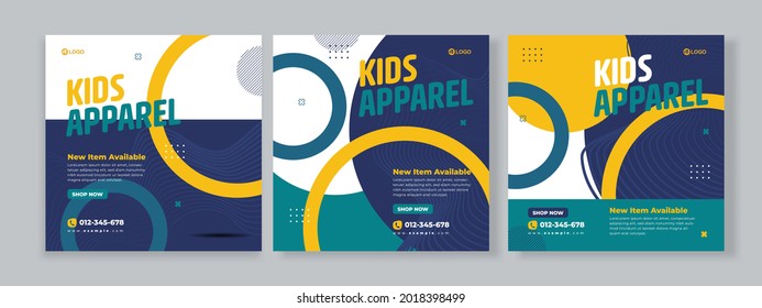 Set of three geometric circle background of kids fashion sale banner social media pack with blue yellow color template premium vector