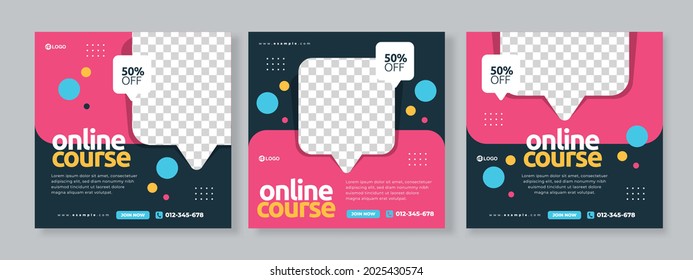 Set of three geometric circles background with bubble chat photo of online course promotion banner social media pack template premium vector svg