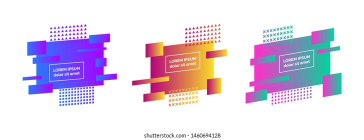 Set of three geometric colorful abstract badges. Modern graphic element. Trendy dynamical gradient minimal design. Vector illustration